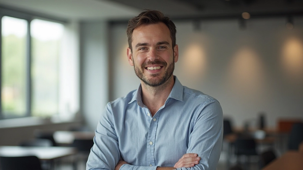 Professionele foto van man die Nederlands spreekt in moderne klasruimte met andere leerlingen