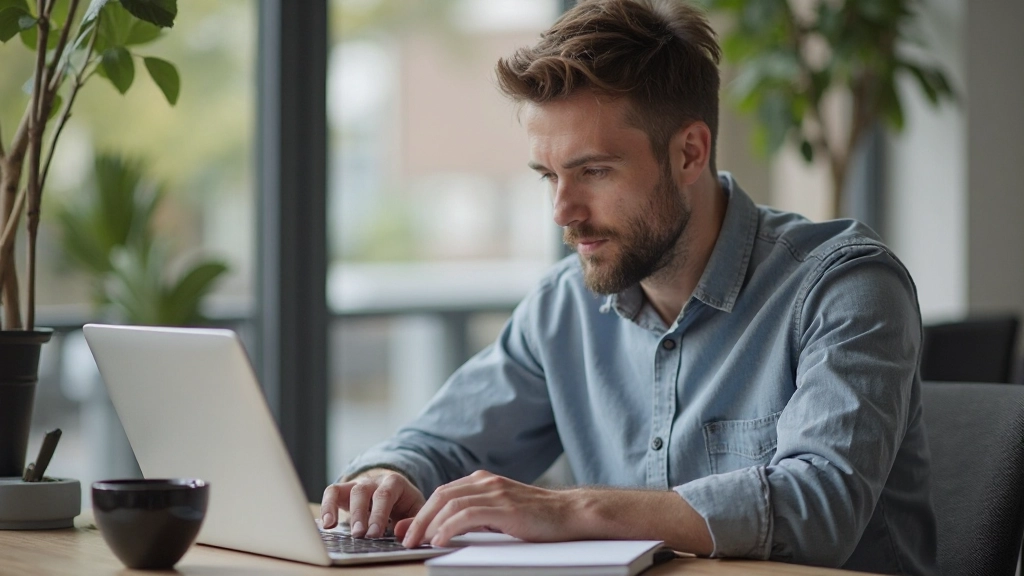 Professionele foto van man die Nederlands conversatie praktiseert in modern kantoor met laptop en kopje koffie